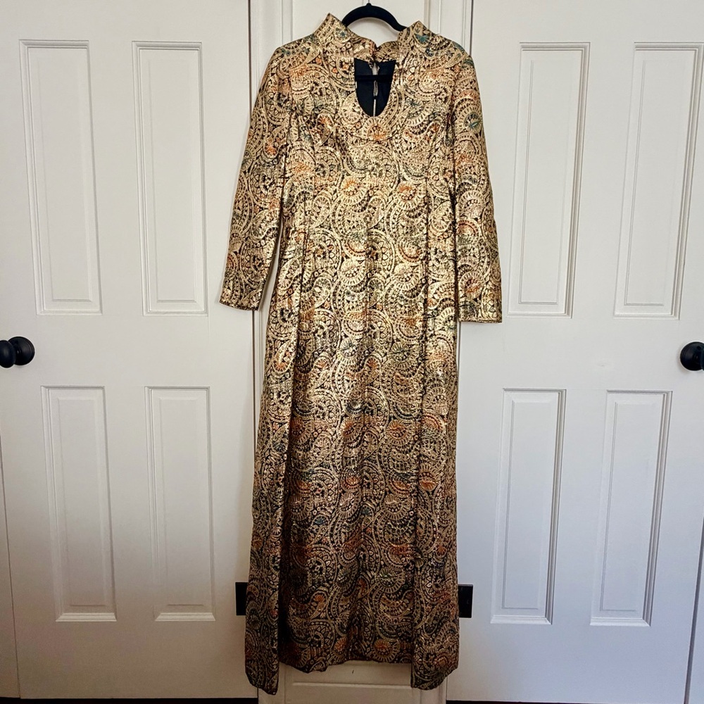 Amazing RIZKALLAH for MALCOLM STARR METALLIC BROCADE MAXI DRESS, c. 1968.